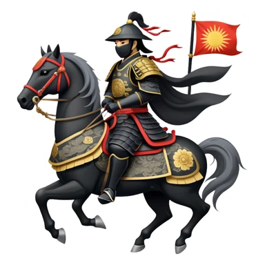 clash-of-clans-aesthetic_-cinematic-fearsome-and-majestic-samurai-bust-portrait-emoji, rendered in a flat, vector-style with minimal shading and bold, simplified shapes typical of emoji art, depicting a battle-hardened samurai with black mask and traditional black Japanese armor. The samurai is riding a noble grey warhorse adorned with an intricately designed saddle and fluttering banners and a rising sun. a zoomed in samurai riding on a  horse sticker