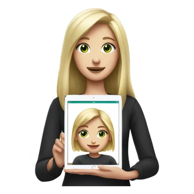 Apple grey ipad in girls hands (blond Girl whole height pinky lips greenish eyes wearing black top, holding IPad in one hand)) sticker