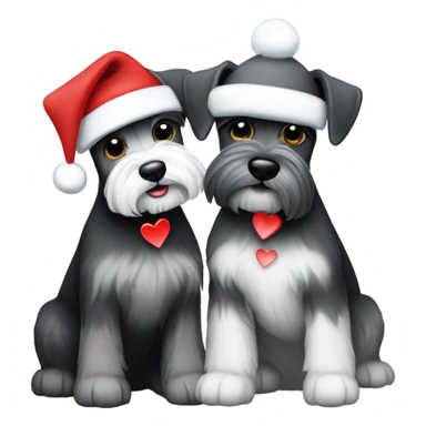 2 miniature schnauzers, 1 grey and one black and white, wearing Christmas hats with a heart in between them sticker