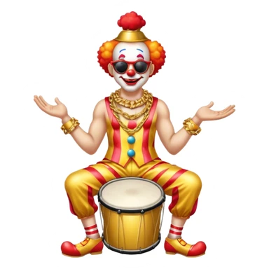 Clown with big golden chain on the neck wearing sunglasses plays drum kit full height sticker