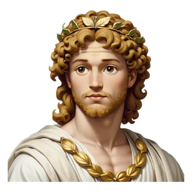 Cinematic Realistic Hercules Portrait, head tilted dramatically with an exaggeratedly amused expression, blending the fierce valor of the Hercules with the classic elegance of Michelangelo's David. His light tan skin and thick, curly, golden brown hair, rendered with meticulous classical detail, frame a face of heroic determination and playful charm. Clad in a gracefully draped white robe adorned with subtle golden embellishments and accented by a distinguished Greek laurel wreath, dynamic lighting accentuates both his formidable physical power and his approachable, spirited demeanor. sticker