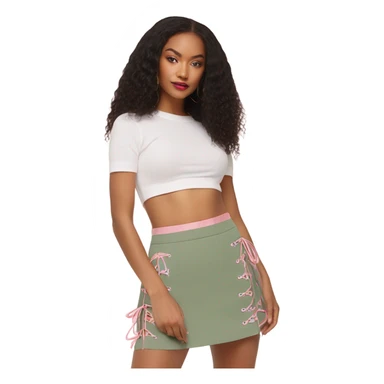 Sage green a-line mini skirt with pink lace up on the sides and bows and embroidery, isolated sticker