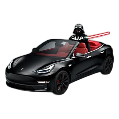 Darth Vader with red lightsaber on driving inside a open top black Tesla Model 3, front view sticker