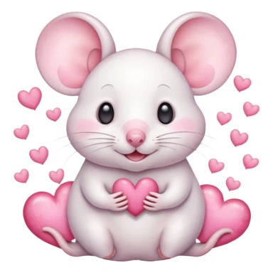 This is a cute watercolor illustration of a small, white cartoon mouse with large, round, pink-lined ears. The mouse has heart-shaped eyes, a small open mouth, and is surrounded by floating pink hearts, conveying a feeling of love, adoration, or strong affection. sticker
