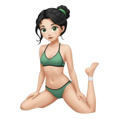 Fullbody nude very beautiful white young woman very beautiful face with freckles, green almond eyes long lashes, wavy  black hair in a bun i big boobs, big ass, sexy body,  bending over, getting ready for sex, realistic, big ass, busty but skinny, white socks on, and gray bikini but rest nude sticker