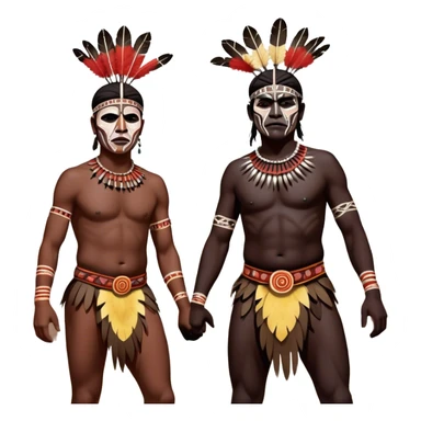 Cinematic Realistic scene of two indigenous male aboriginals performing an Aboriginal Corroboree, adorned in traditional body paint, A corroboree is an Australian Aboriginal ceremonial meeting. It usually includes celebration of Aboriginal mythology and spirituality, which is based in the Dreaming sticker