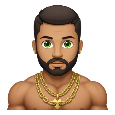 green eyes, dark short hair, muscular shoulders, wide cross, gold chain, big lips big nose big eyes, masculine good looking, dark beard sticker