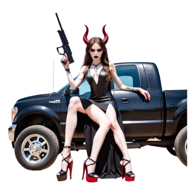 Lilith model red eye sexy black  devil horns.  long brown haired sexy succubus woman with leather long dress slit, sitting on big Large F350 pickup truck. Black Platform high heels on feet. Tattoo sleeve arms, dead human skull of her ex skull is on top of stack of cash and a gun in  hand sticker
