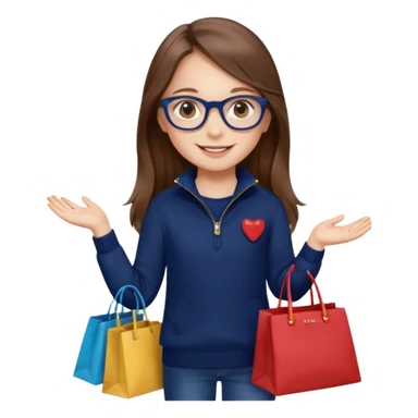 A little girl (he usually calls her baby), who is obsessed with shopping and luxury brands and holds a dozen of bags, she wears navy blue half zip sweater and holds 10 bags and she has long brown hair with Prada eyeglasses. The previous one but with eyeglasses  sticker