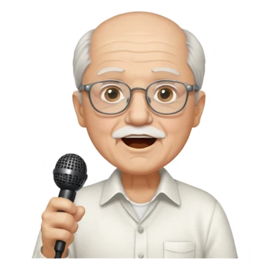 singer, Old man, singing, holding mic, white shirt glasses sticker