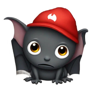 a really sad bat in a cave with a red cap sticker