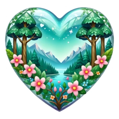crystal heart with forest inside and floral decoration around sticker