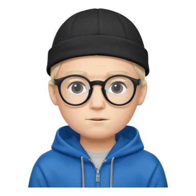 a shy boy wearing thick black glasses (nerd) and hide all his hair under a blue cap, wearing a normal hoodie (ios memoji) sticker