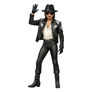 Icon for R&B Music: Michael Jackson on stage in full body, wearing his iconic concert costume—black leather jacket, sequined glove, fedora, and boots. He strikes a powerful pose, embodying the energy of R&B music. Transparent background. sticker