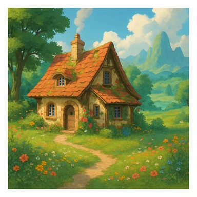 a cozy cottage in a magical landscape, Ghibli style sticker