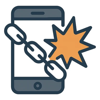 a modern, clear icon showing a mobile phone with a chain and explosion effect merged into a single icon sticker