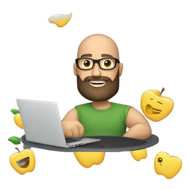memojy of a man, with the laptop in front, apple style, modern, a well-trimmed beard, bald hair, Marvel t-shirt, computer in hand --ar 1:1 sticker