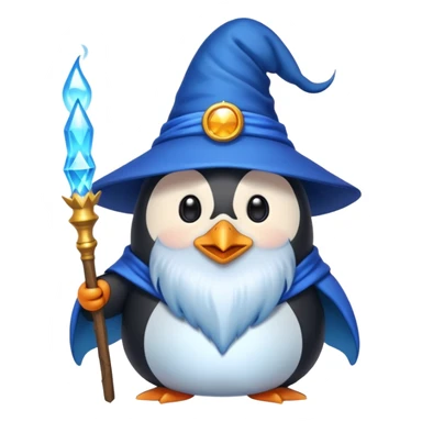 chubby penguin wizard with a long beard and magical aura, emoji style sticker
