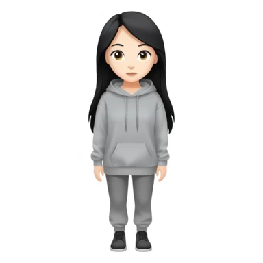 full-body female avatar, flat vector, long black hair, oversized sweatshirt, neutral background sticker