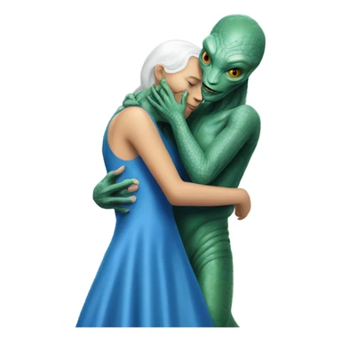 White man in blue dress  hugs and kissing Alien reptilian woman in silver dress  sticker