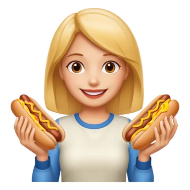 A girl holding two hot dogs, smiling proudly before eating.






















 sticker