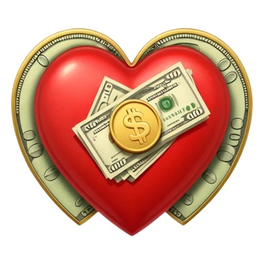"Realistic HD heart fully merged with money, red glossy heart seamlessly fused with cash textures and gold tones, glowing dramatic light, symbolizing love and wealth becoming one, white background." sticker