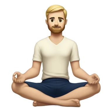 european man meditating sitting down with cream shirt and navy blue pants.  sticker