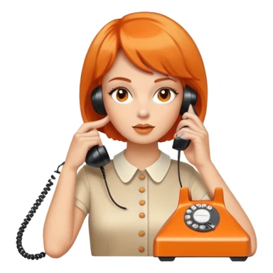 upper body of a woman with short orange hair talking on a white 70s phone sticker