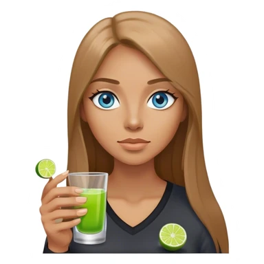 tan woman, black shirt, long light brown straight hair, grey blue eyes, holding a shot with lime sticker