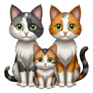 3 different coloured small cats including a dark grey and white, and a patchy calico with hazel eyes and a completely solid dark grey with green eyes and only white paws sticker