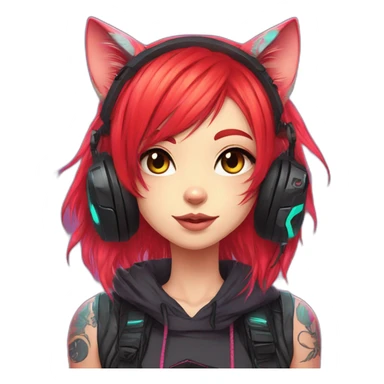 Anime cat gamer girl cyberpunk neon red hair tattoo sticker
