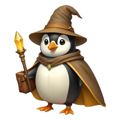 A wizard-explorer penguin inspired by Indiana Jones, wearing a weathered yellow enchanted hat and a flowing cape. It carries a leather satchel with ancient scrolls. Cartoon-style, smooth shading, highly detailed, no background sticker