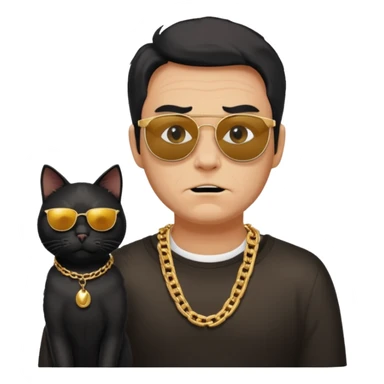 Freaky Larry is a cat with a gold chain and sunglasses standing behind a scared man with no facial hair. Make sure the cat is black sticker