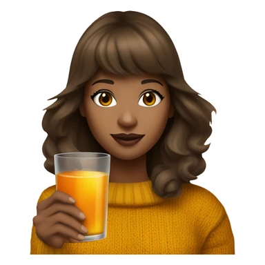 brown haired girl White woman with long dark brown hair and face framing layered bangs dressed in a mustard yellow sweater with a birthday hat and holding a glass filled with orange liquid with ice cubes  sticker