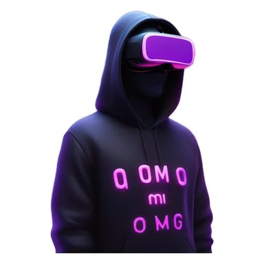 Donald Trump wearing a black hoodie with "OMG" letters on it and VR headset oculus quest 2 in a cyberpunk VR environment with violet neon lighting. sticker