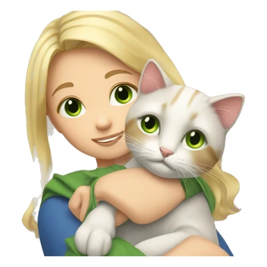 A girl with blonde hair and green eyes hugs a tricolor cat sticker