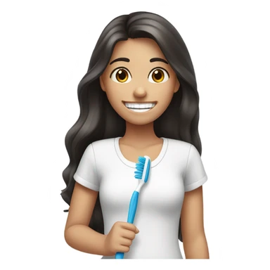 A beautiful girl with long dark hair, brown eyes, who smiles and has braces on her teeth. She has a toothbrush in her hand. sticker