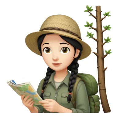 A braid black hair backpacking woman checking her map with curious eyes while walking in the woods with camping hat full body sticker