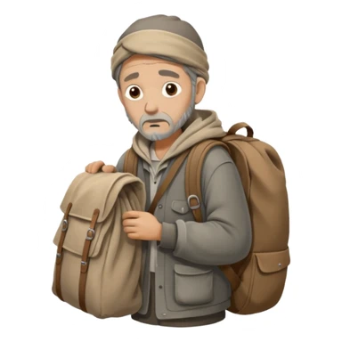 A homeless man wrapped in an old blanket, holding a backpack filled with his belongings, expression calm but weary.
 sticker