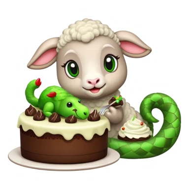 Lamb eating dessert with a cute green snake sticker