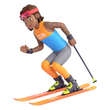 Nike-inspired ski athlete with brown skin, tattoos on arms, winter sports outfit, in a modern 3D emoji style sticker