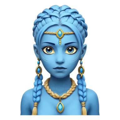 Create an icon of a Na’vi-inspired female character with glowing blue skin, braided hair, tribal forehead markings, large expressive eyes, gold earrings, and a rope necklace with a golden pendant. The expression should be calm and serious, matching the style of the movie Avatar sticker