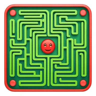 Create a realistic emoji of a maze with different patterns in red which show the wrong way and one way which shows the right way across the maze in green sticker