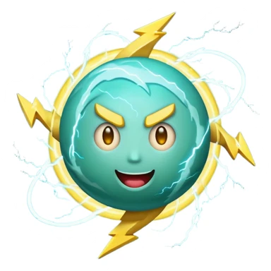 Uranus emoji in Apple-style, blue-green planet with swirling rings, a big playful and excited face, and a large yellow lightning bolt in front, bursting with electric, chaotic energy sticker