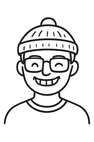Make the beanie grey with black stripes. The guy is smiling, showing upper teeth, keep the flat color icon style with transparent background. sticker