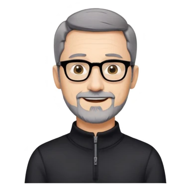 Caucasian man with very short black hair, short graying beard, large black eyeglasses, cheerful expression, black long sleeve shirt with quarter zip at collar sticker