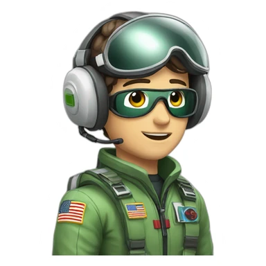 A young white man with dark brown hair and brown eyes in a pilot suit and wearing a green Pilot headset sticker