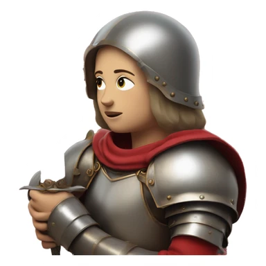 Joan of arc in medieval armor kneels, looking upward, with hands resting on a sword. They're dressed in a red garment under the armor. sticker