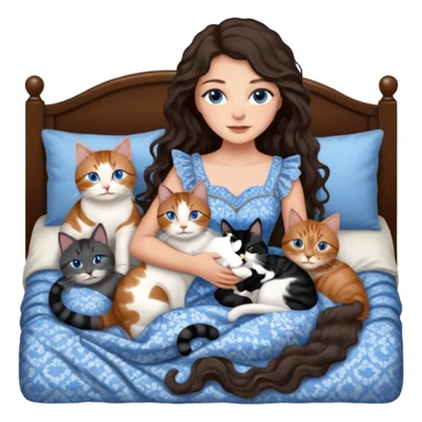 detailed realistic looking a dark grey and white cat regally laying with six other cats, cuddling with their owner in bed who is a pretty bratz lightly tanned white girl with long dark brown hair, blue eyes and gorgeous long wavy hair wearing a pretty detailed dress sticker