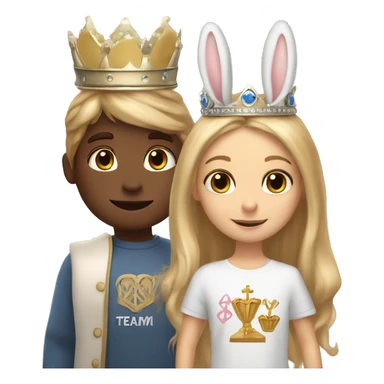 Two bunnies a girl and boy they both have crowns on because they are a queen and king. Boy has blonde hair, girl has long brown hair. They are holding a sign saying Team Bunny Forever  sticker